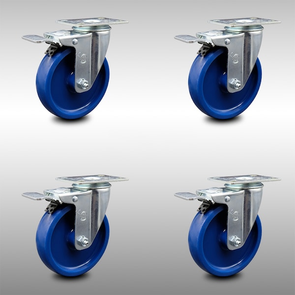 5 Inch SS Solid Polyurethane Top Plate Caster Set Total Lock Brake SCC
